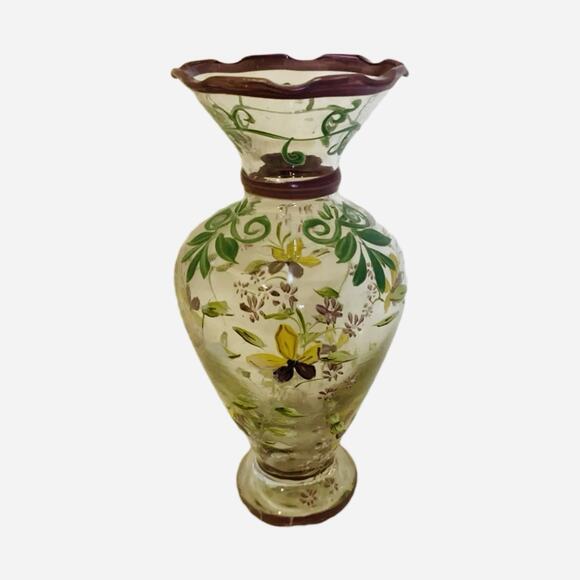 Tracy Porter Hand-Painted Bud Vase Purple Yellow Flowers Ruffled Edge 6.5” Glass - Picture 7 of 8